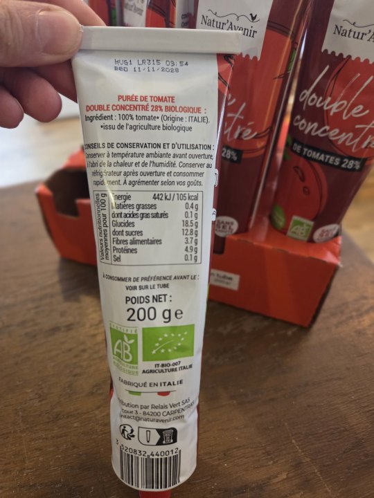 DOUBLE CONCENTRE DE TOMATE TUBE 28% 200GR NATUR'AVENIR